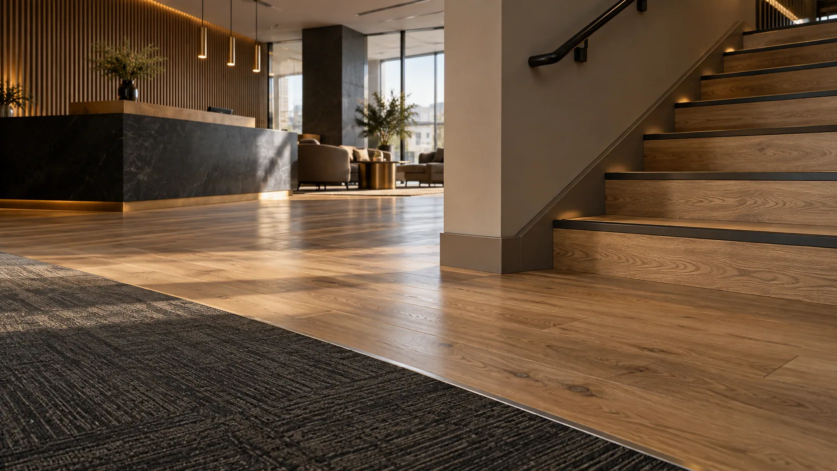 Concept of commercial floor finishing with coordinated stair treads, wall base and a slim transition between carpet and wood-look planks.