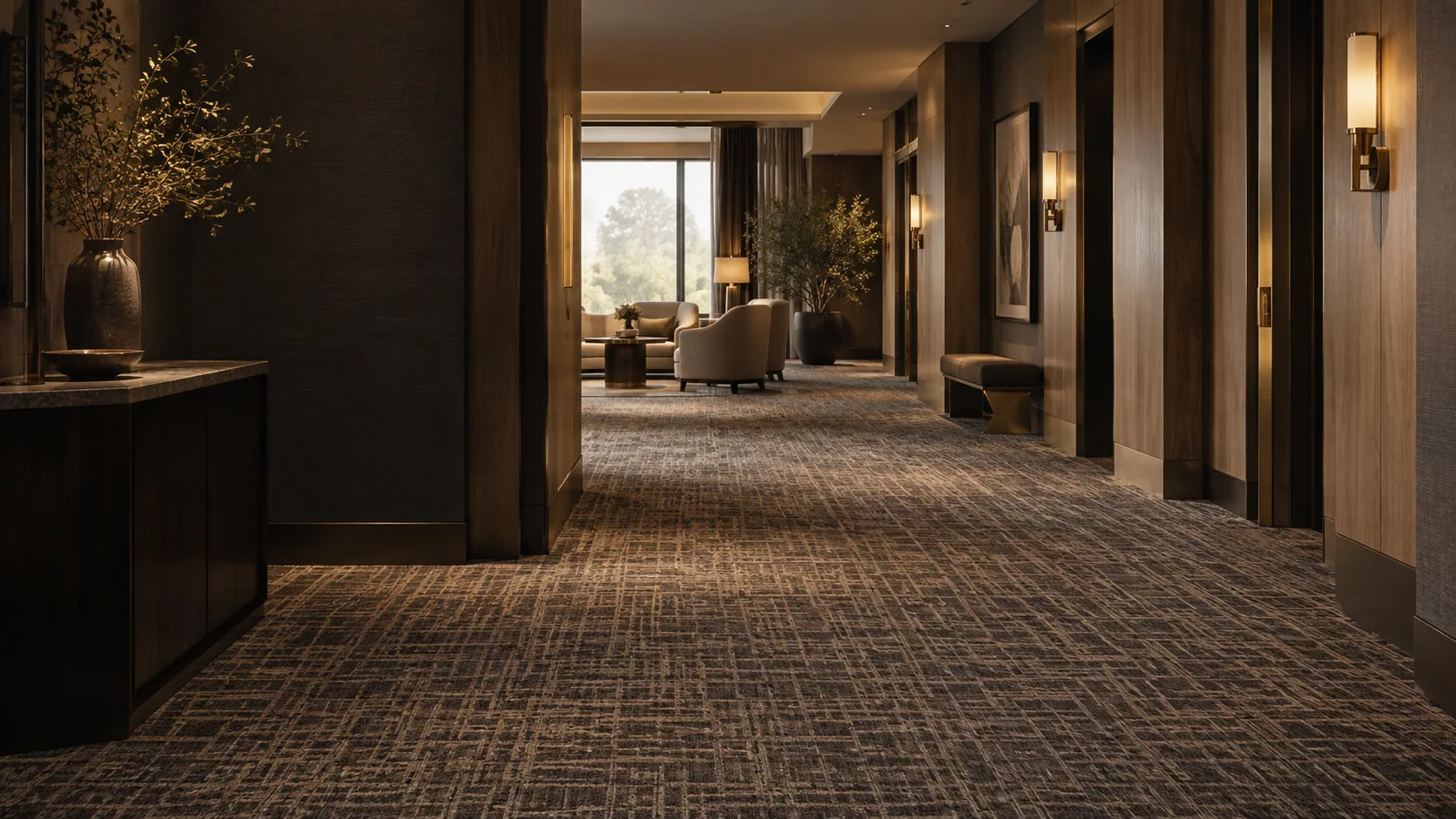 Concept of an upscale hotel corridor with continuous patterned broadloom carpet in warm neutral tones.