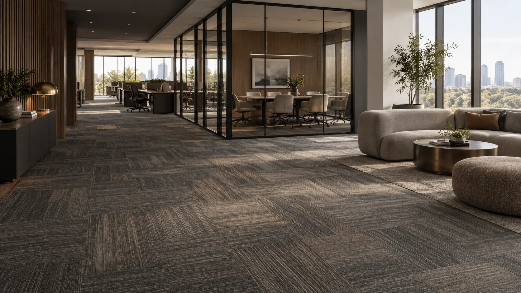 Concept of a contemporary workplace with coordinated charcoal carpet tiles, glass meeting rooms and warm natural light.