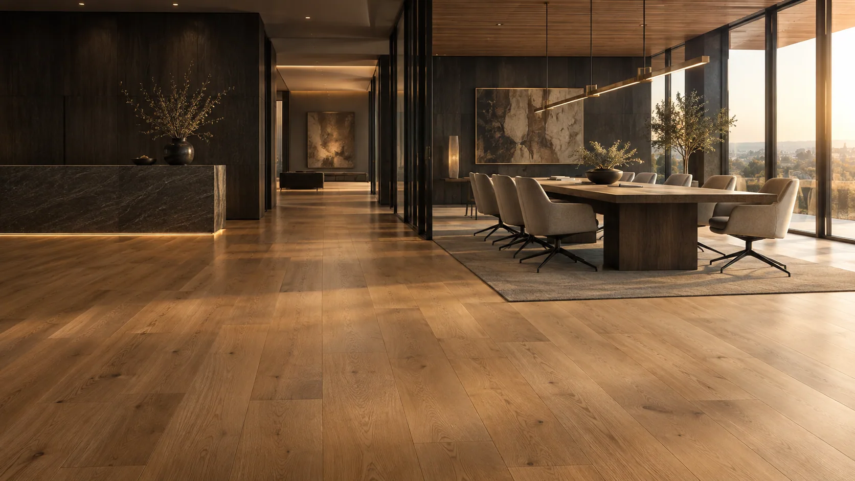 Concept of an executive meeting and reception space with warm oak flooring and charcoal architectural details.