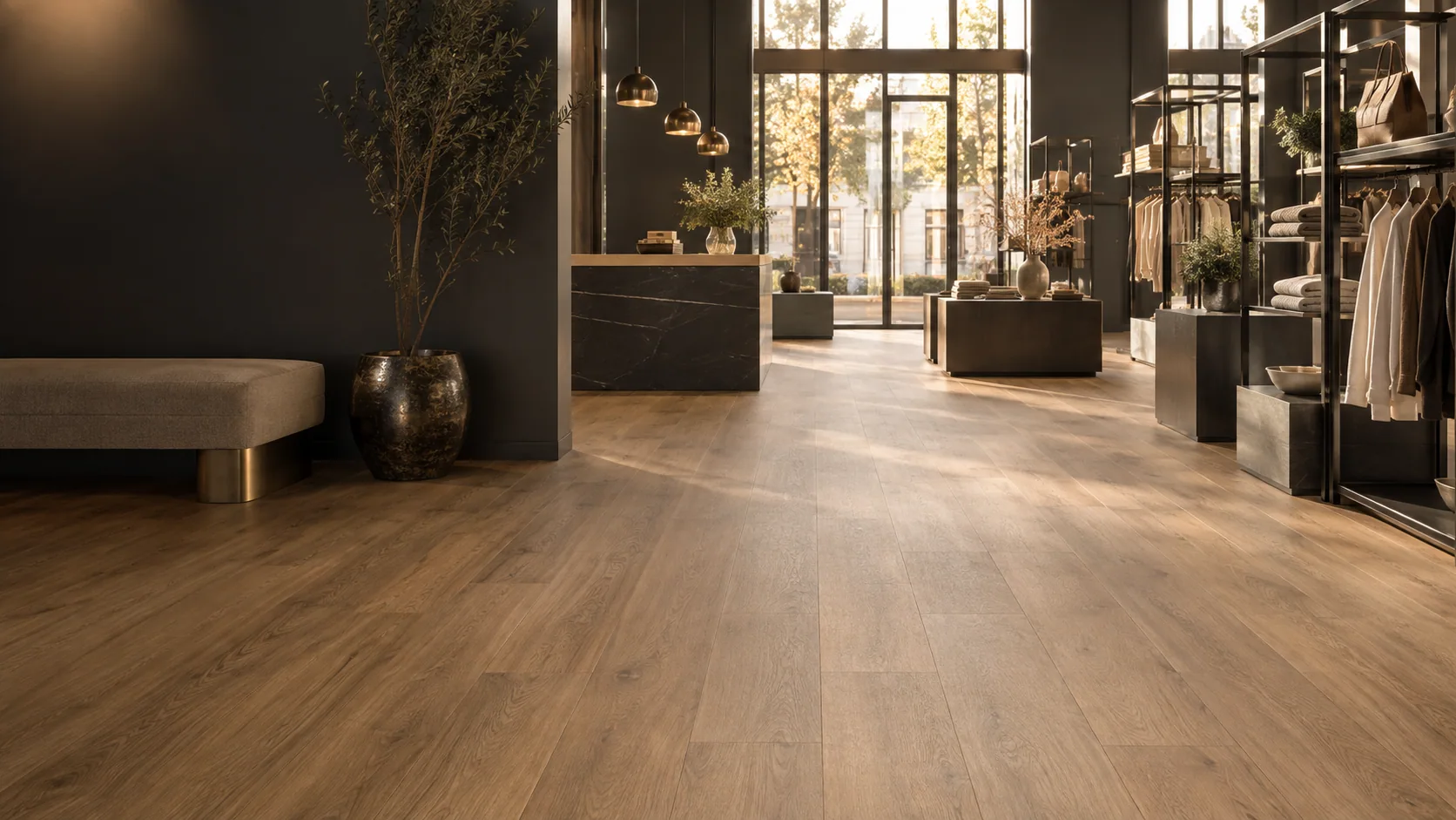 Concept of a modern retail showroom with warm wood-look vinyl plank flooring and generous daylight.