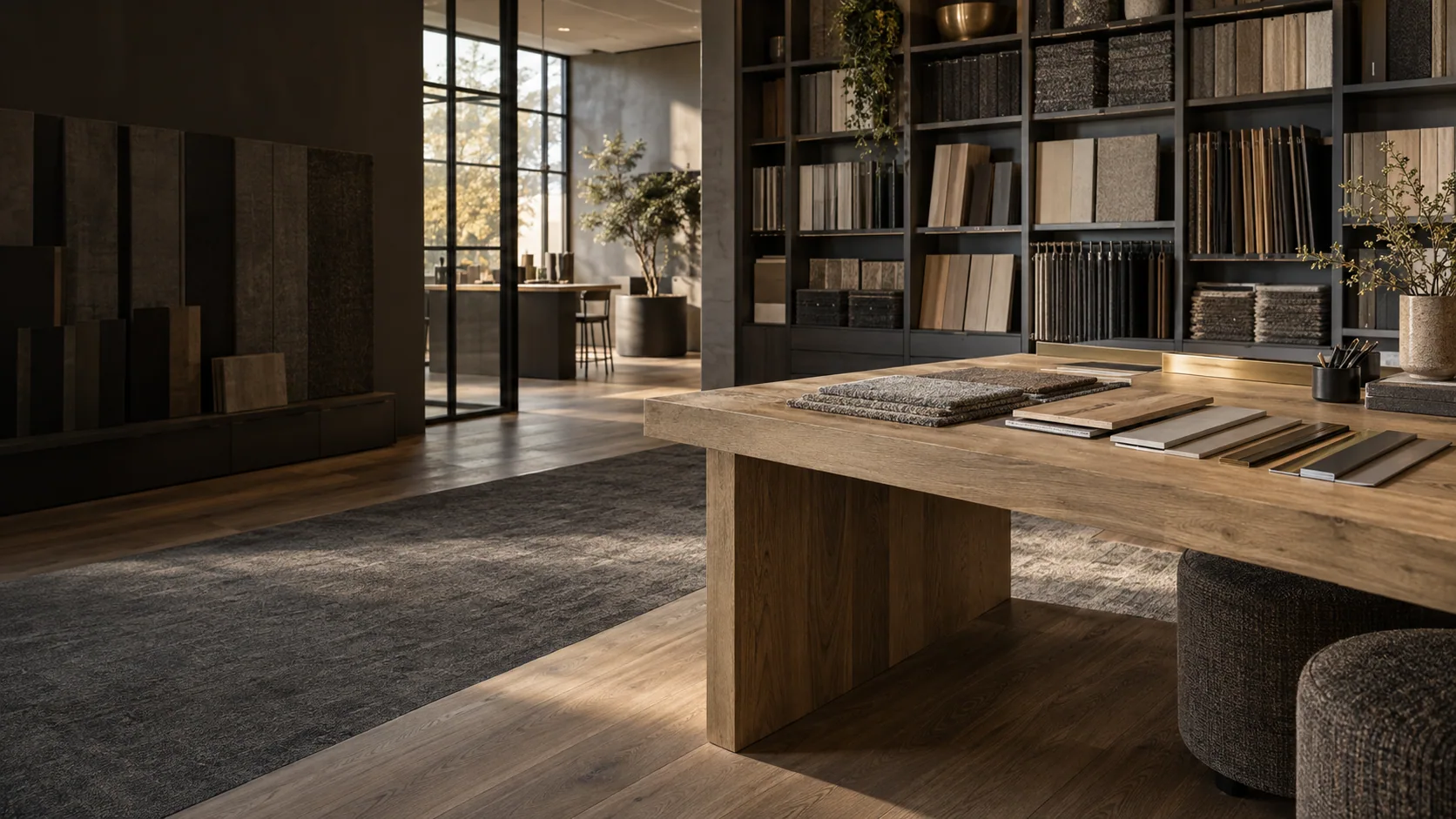 Concept of a commercial flooring design studio with carpet, plank and resilient material samples in warm natural light.