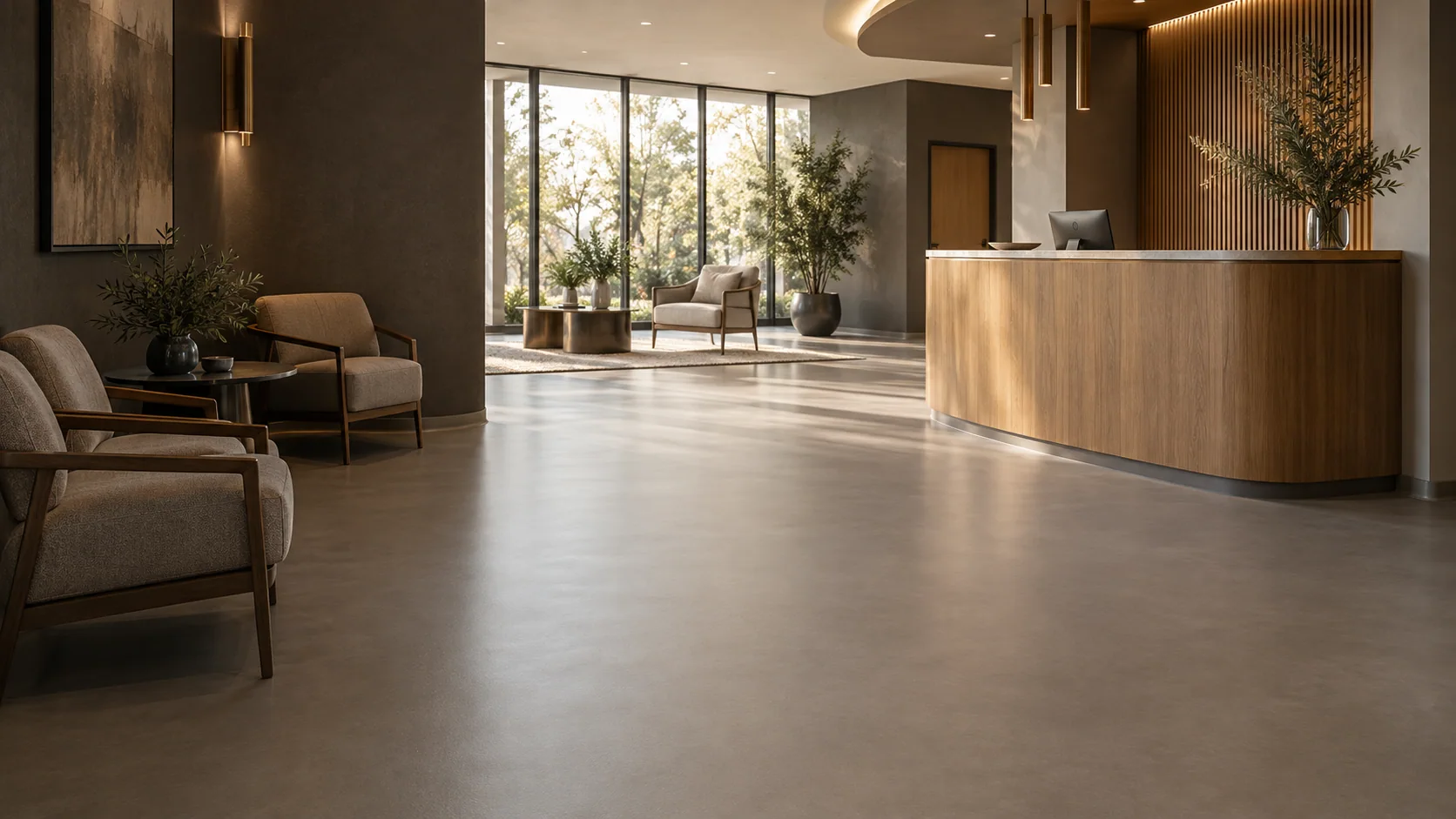 Concept of a welcoming commercial reception with smooth resilient sheet flooring and a warm timber reception desk.