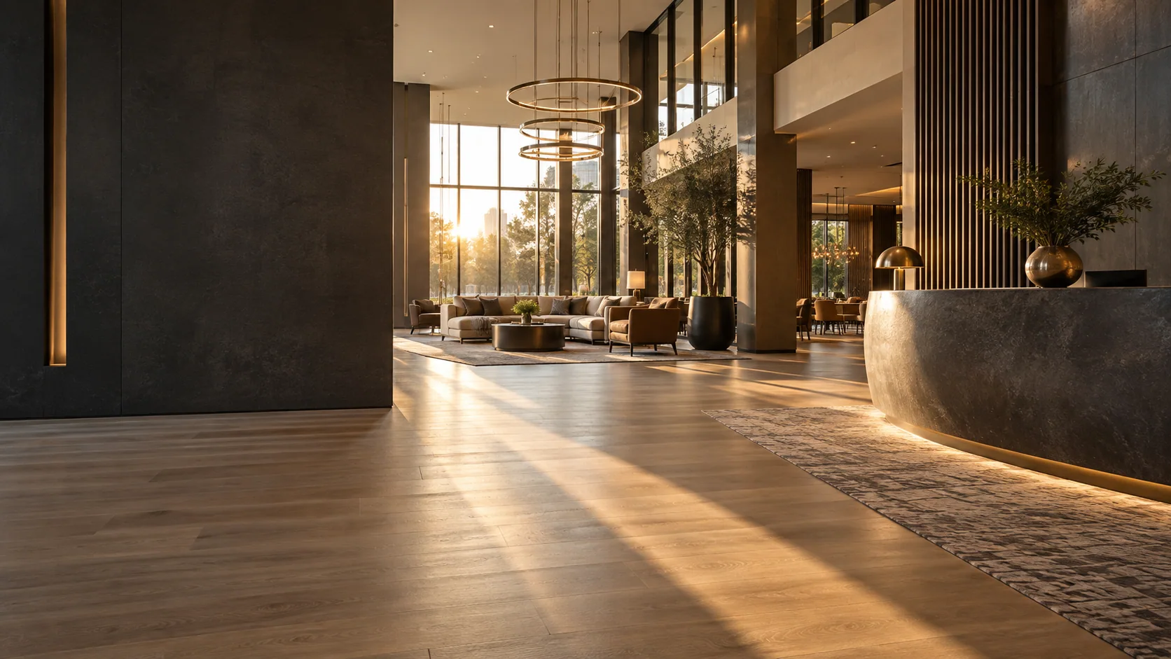 Concept of a sunlit commercial lobby with warm wood-look flooring, patterned carpet zones and a sculptural reception desk.
