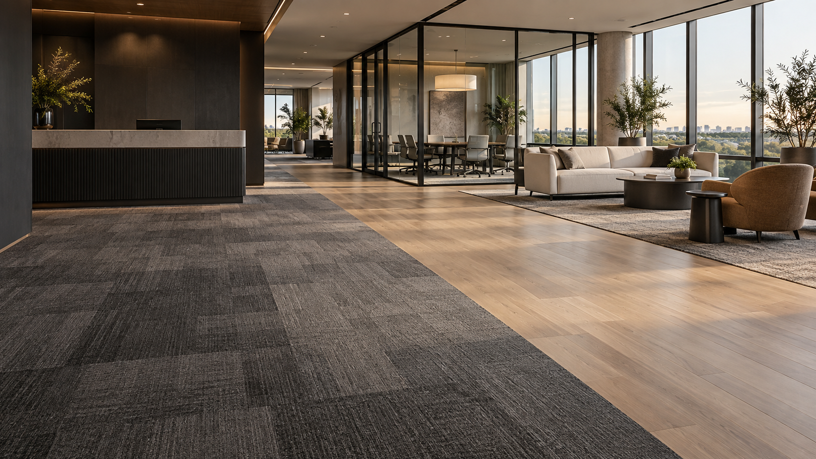 Concept of a contemporary office with warm wood-look walkways and coordinated gray carpet tile.