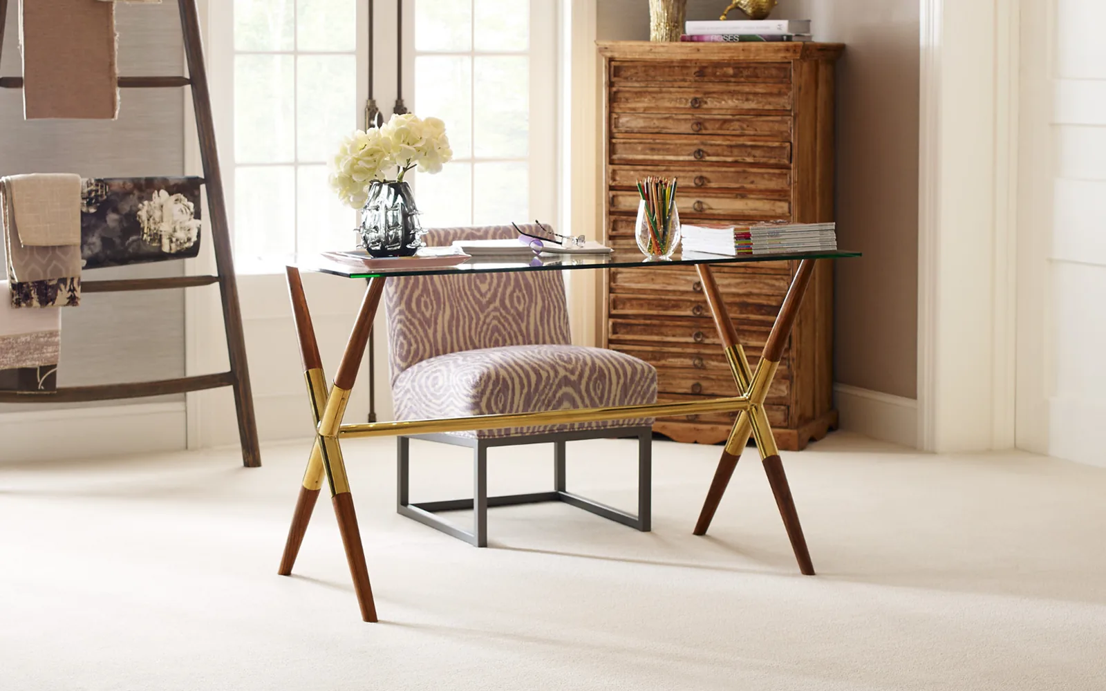 Home office with carpet flooring and desk area