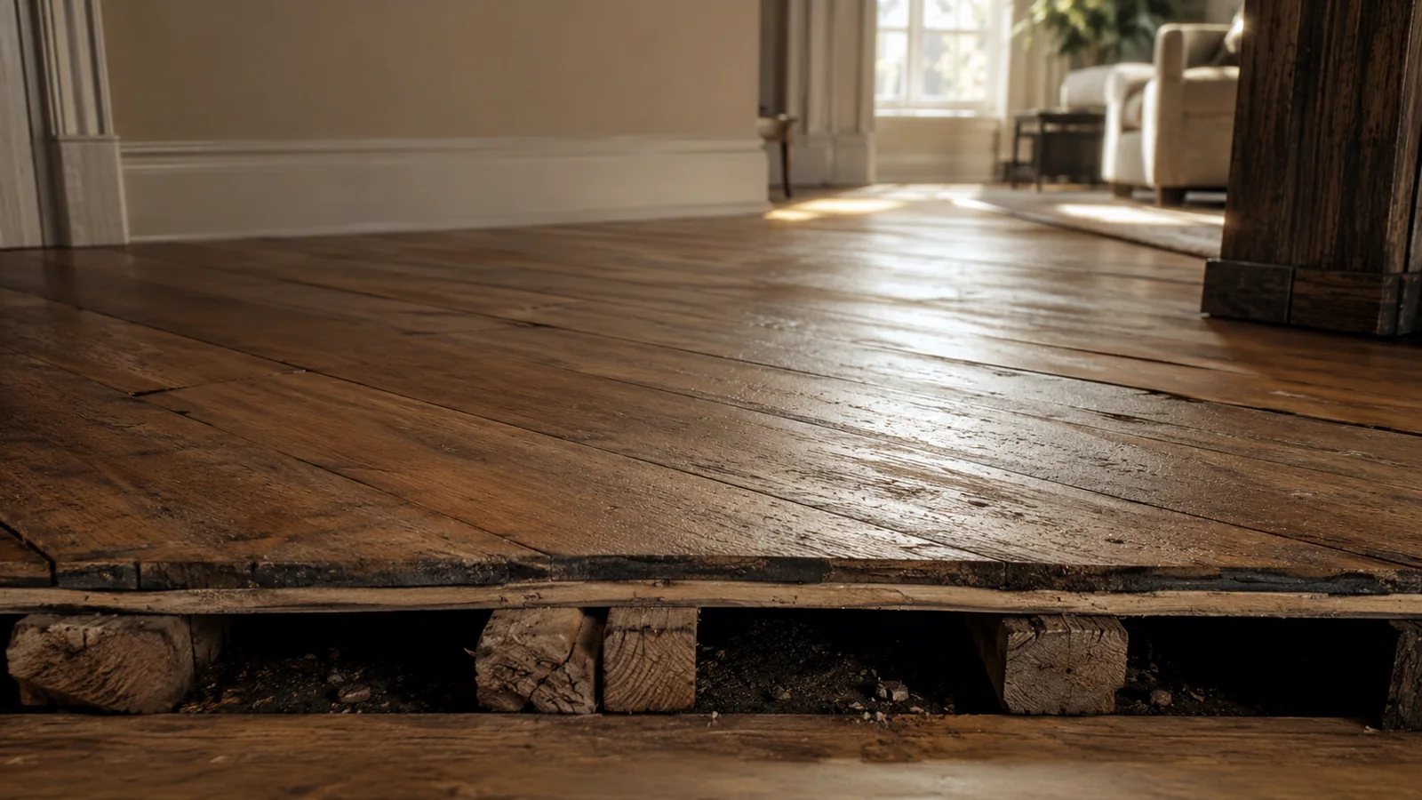 Hardwood floor installed over sleeper system before subfloor correction