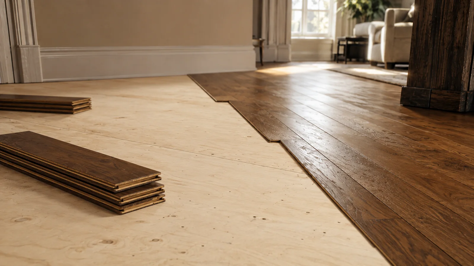 Sleepers removed and plywood subfloor installed for hardwood floor correction