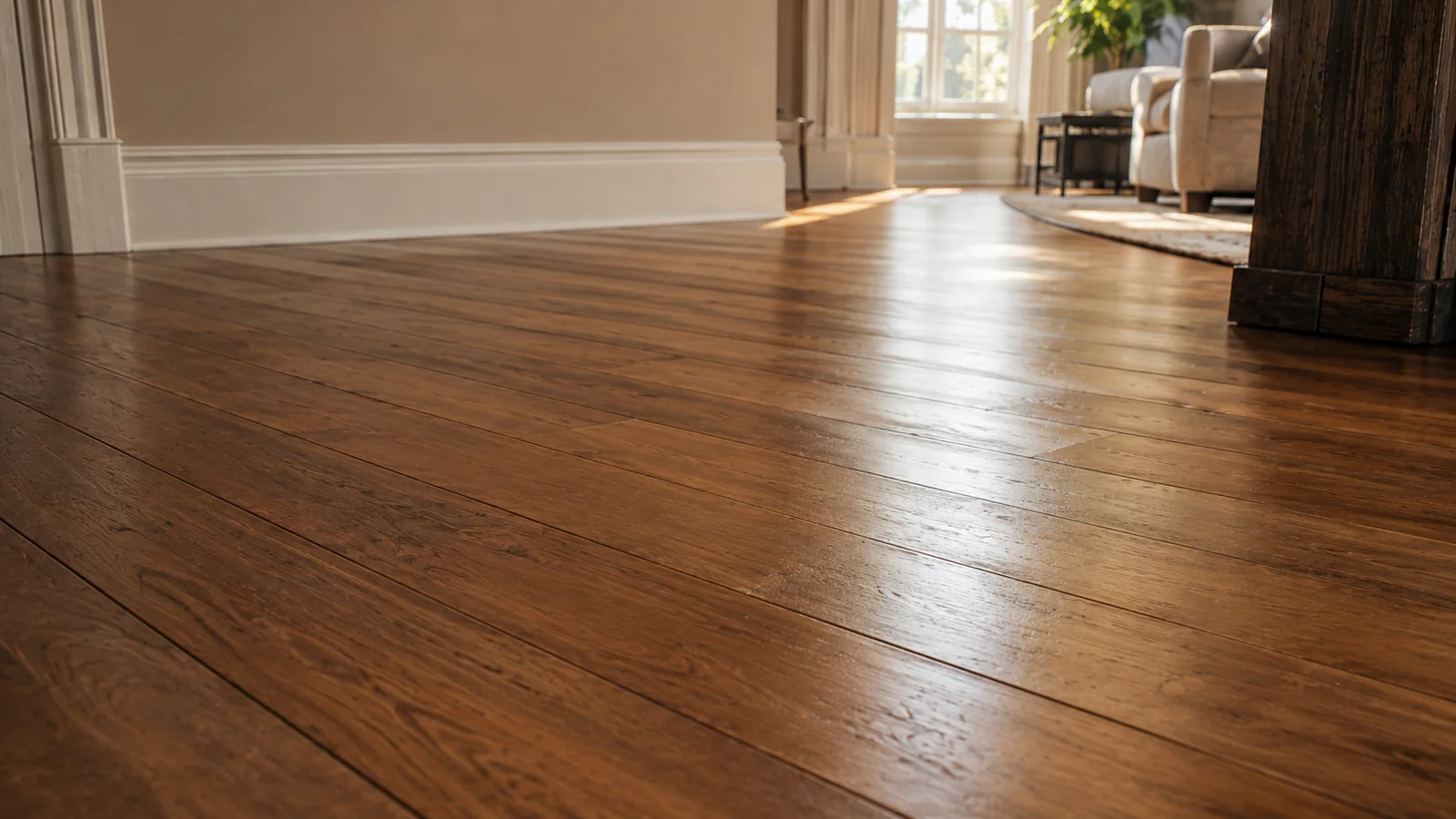 New hardwood flooring installed over plywood subfloor