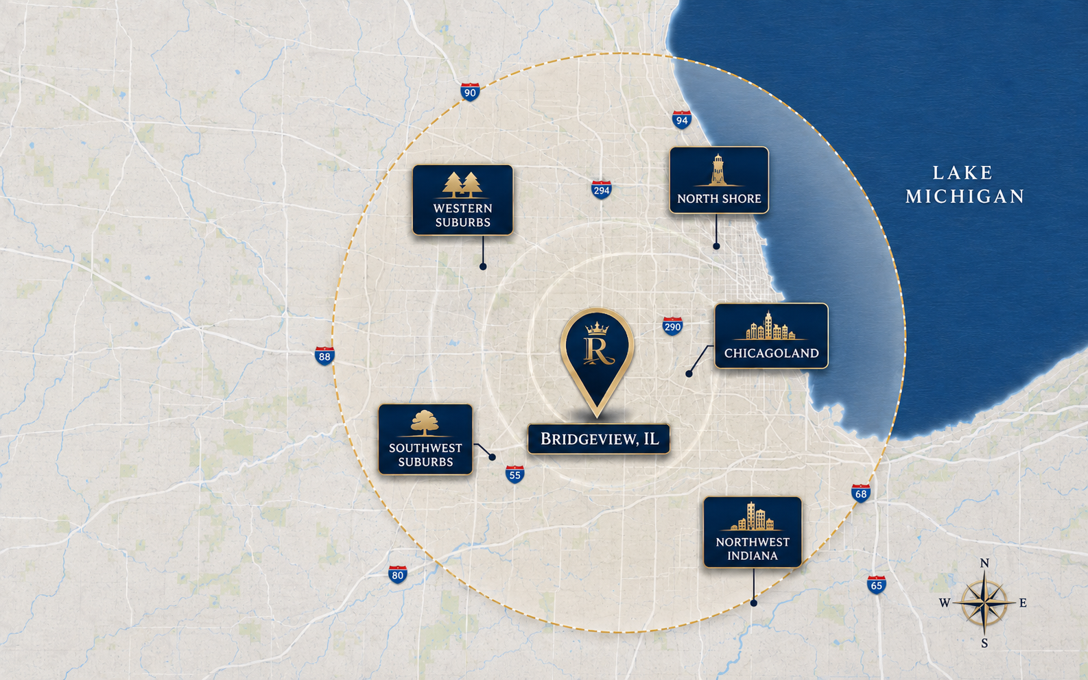 Royal Home Flooring service area map showing Chicagoland and Northwest Indiana coverage from Bridgeview, Illinois