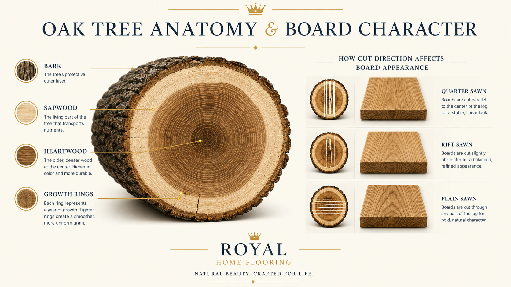 Oak tree anatomy and hardwood board cuts